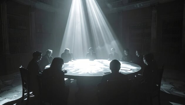 Mysterious Gathering Around a Circular Table Under Dramatic Spotlight.