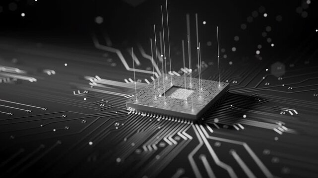 Futuristic looped 3D animation of a computer processor on a motherboard with flowing data signals. Ideal for cyber technology, AI systems, and digital networks.