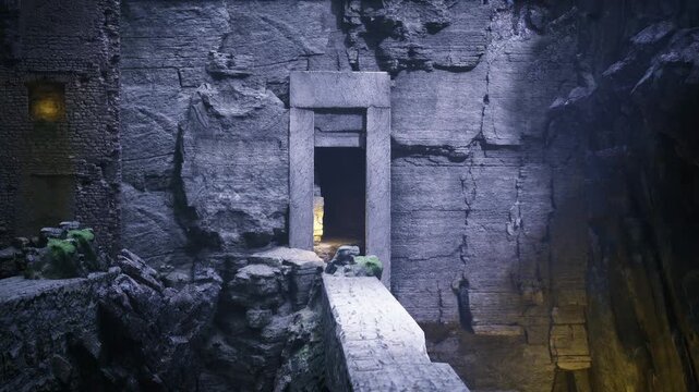 Researcher examines ancient lintel near doorway, closeup of carving and inscription, textured stone, careful lighting for documentation and conservation work