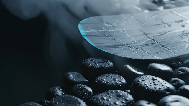 Metal blade hanging above wet basalt stones with rising steam. Kitchen knife hovering over spa rocks. Culinary preparation and relaxation therapy concept scene