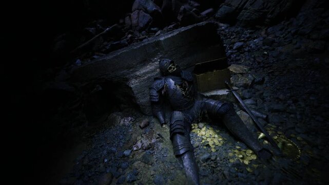Dark tunnel with caucasian treasure hunter lying motionless, battered armor and polearm nearby, golden fungal glow accentuating sense of loss and failed quest.