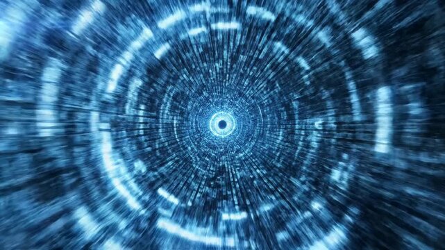 Abstract blue digital data tunnel with motion blur effect representing high speed internet connection and technology.
