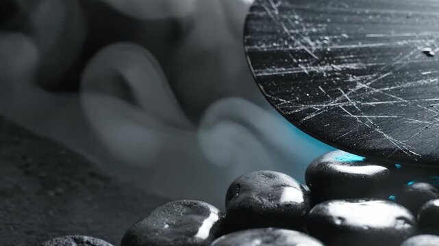 Metal disc resting on black polished stones with swirling smoke. Industrial surface material testing and chemical reaction scene in scientific laboratory setup