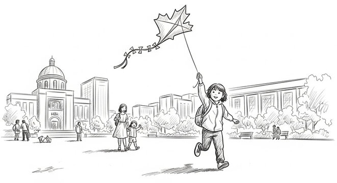 Child joyfully flying leaf shaped kite in urban park setting.