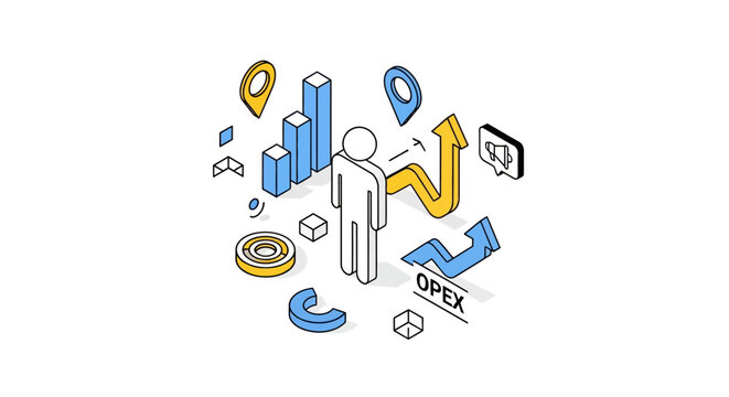 Isometric illustration of business growth and data analytics concepts.