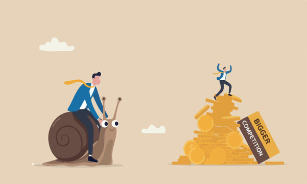 Slow stupid mistake, businessman idiot leader riding slow snail never reach goal, losing competition