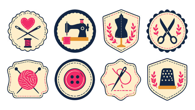 Set of vintage sewing and knitting badge vector icons