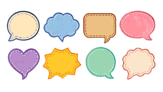 Set of colorful stitched speech bubble patches on white
