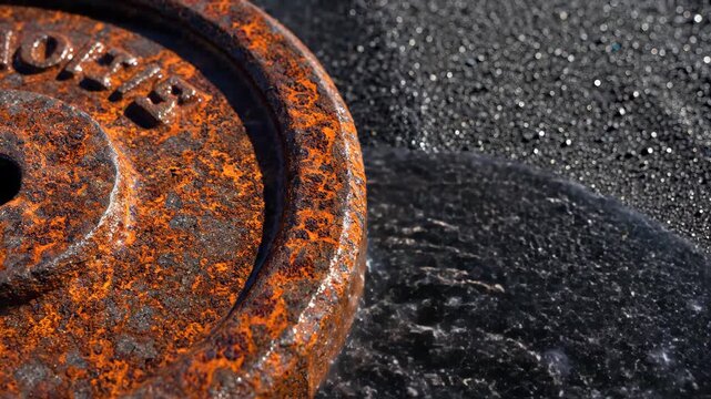 Rusted metal weight plate sitting on black sand volcanic beach as sea water washes over surface. Coastal erosion and industrial waste environmental concept