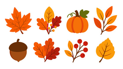 Autumn leaves pumpkin acorn and berries vector icon set © icon_art