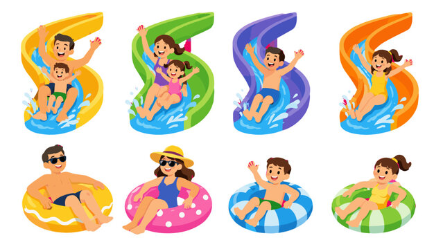 Children and adults enjoying water slides and inflatable rings