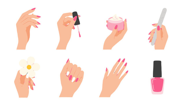 Set of manicured hands with nail polish and manicure tools