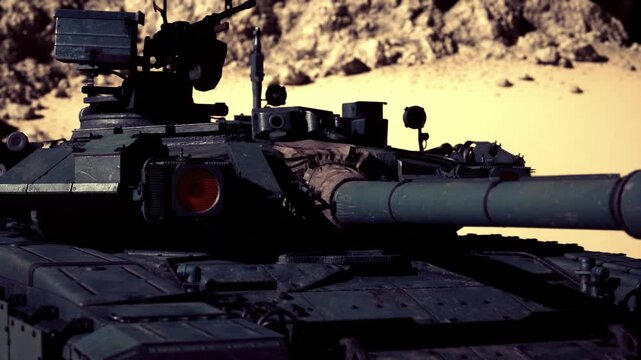Closeup main gun barrel in desert, optics and muzzle details emphasized, heat shimmer on metal, precision sighting and maintenance elements visible