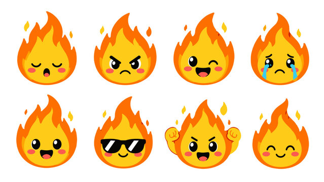 Set of cute flame cartoon faces with different expressions