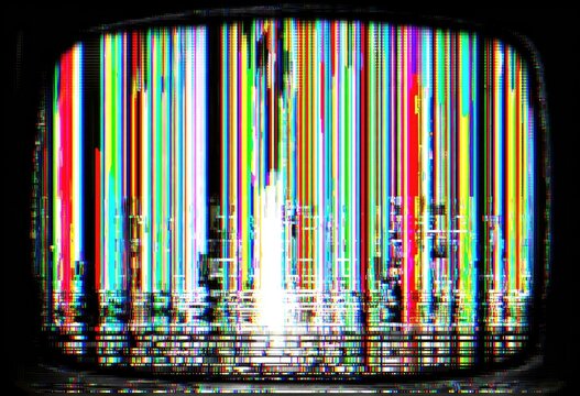 A weathered retro television with a malfunctioning screen melting into streams of rainbow-colored pixels, symbolizing technological decay, dystopian environment, photorealistic textures, high detail.