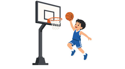 Cute Boy Basketball Player Slam Dunking Vector Illustration. © Rina