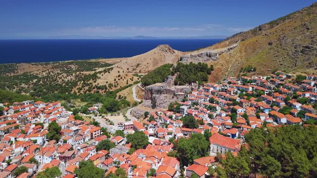 Aerial View of Chora Medieval Village on Samothraki Island Greece