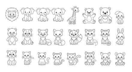 Obraz premium cute animal doodles, cartoon forest creatures, coloring book page