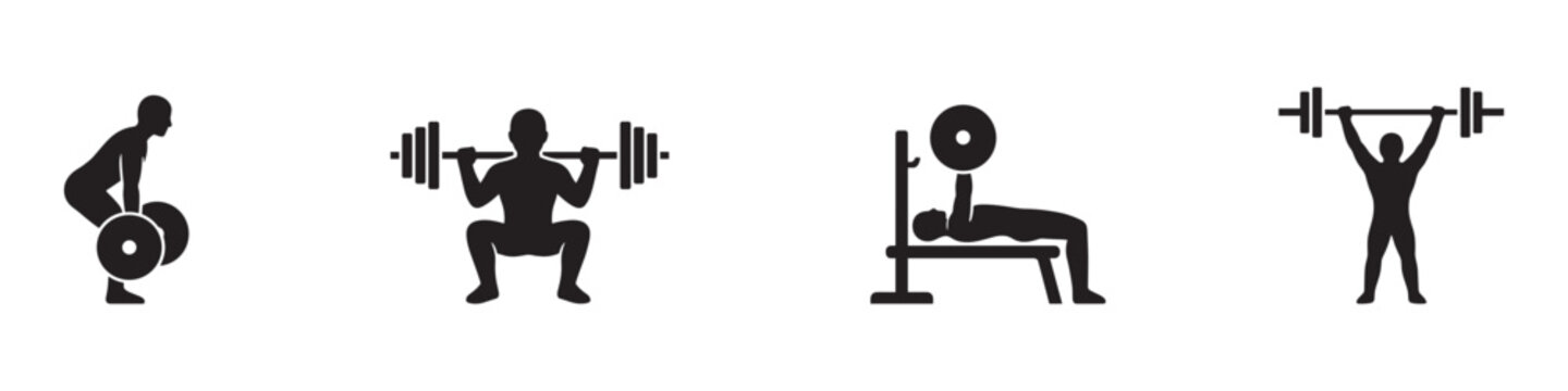 Weightlifting and bodybuilding exercise icon set. Athlete deadlift, squating, bench press and heavy overhead lift. Vector illustration.