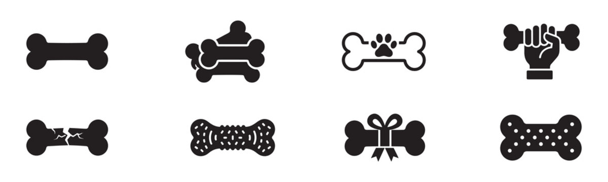Dog bone icon set. Pet food, treat, chew toy, and training. Vector illustrations.