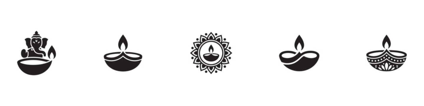 Oil lamp icon set. Hindu festival of lights symbols. Diya, mandala, and Lord Ganesha vector illustrations.