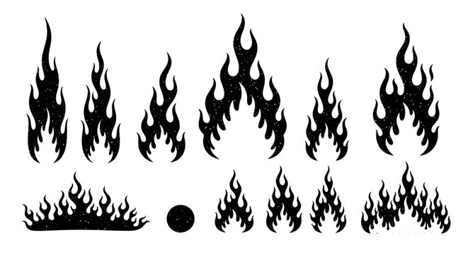 Black flame icons, fire symbols, burning fire graphics, vector illustrations