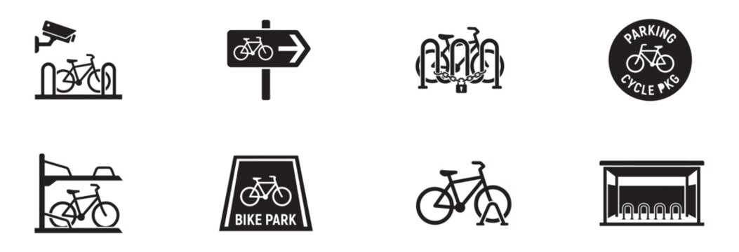 Bicycle parking icon set. Bike rack, storage shelter, lock chain, CCTV camera. Vector illustration.