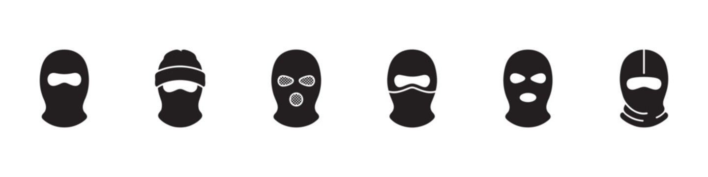 Balaclava icon set. Winter face protection, military gear, robber and special forces symbols. Vector illustration.