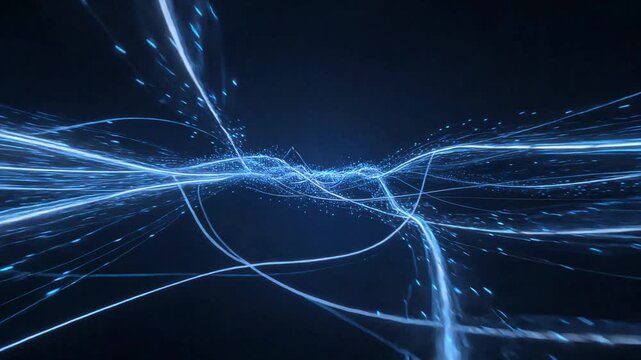 Abstract blue light lines and particles flowing dynamically in a dark digital space, representing data, energy, or technological connections.