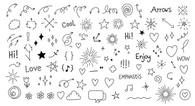 black and white doodle illustrations, cute hand drawn symbols and words for social media, fun graphic design elements