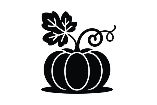 Elegant black silhouette vector design of a ripe pumpkin with a large textured leaf and a curly vine stem representing autumn harvest thanksgiving celebrations and organic farming produce