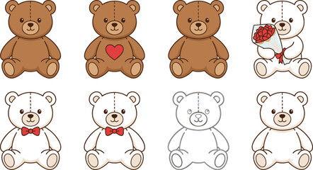 Obraz premium Cute Teddy Bear Toy Icon Set with Brown and White Plush Bears holding Flowers and Wearing Bow Ties for Children Birthday Cards Design