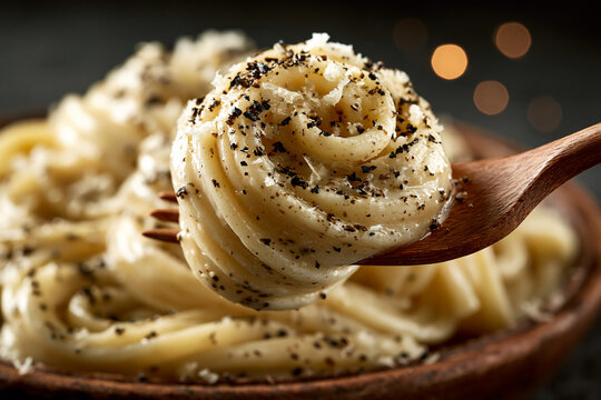 Creamy pasta twirled on fork closup, parmesan flakes and black pepper, cinematic food image