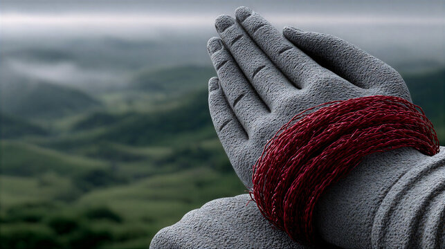 Gray stone hands bound with red rope in the foreground against a misty valley landscape