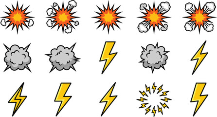 Comic Book Explosion and Lightning Bolt Vector Effect Icon Set with Retro Pop Art Blast Clouds Sparks and Flash Symbols for Creative Designs © Ismail