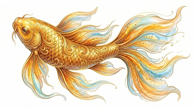 Stylized luxury digital art of a majestic golden koi fish with elegant liquid swirls and flowing transparent watercolor fins, oriental luxury design element, isolated on a solid white background, gene