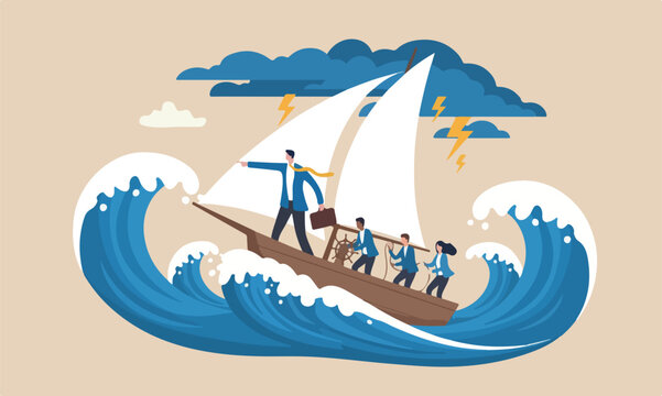 Courage industrial taker concept, businessman captain point finger to lead team sailing boat to survive big wave storm