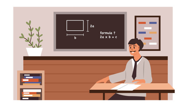 Teacher in classroom with math formula on blackboard. Giving Remote Education Lesson. Math Teacher Explaining Equations. Teaching student.