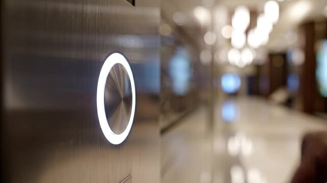 Close up of man pressing glowing elevator button in a modern luxury hotel lobby or office building