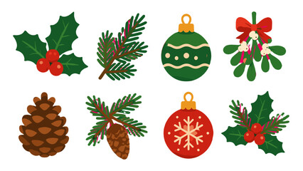 Obraz premium Christmas holiday icons with holly pine cone ornaments and mistletoe