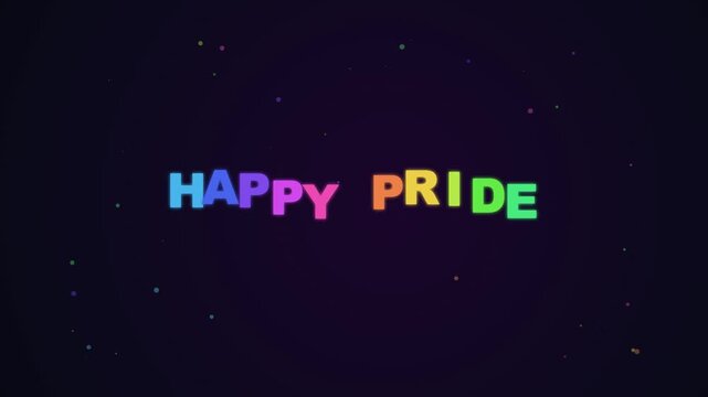 Colorful text that says HAPPY PRIDE against a dark background with small white dots.