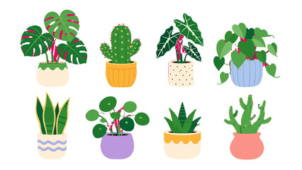 Set of potted houseplants and cactus in colorful pots © icon_art