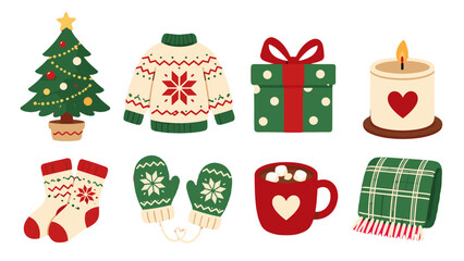 Obraz premium Christmas holiday icons set with tree sweater gift and candle
