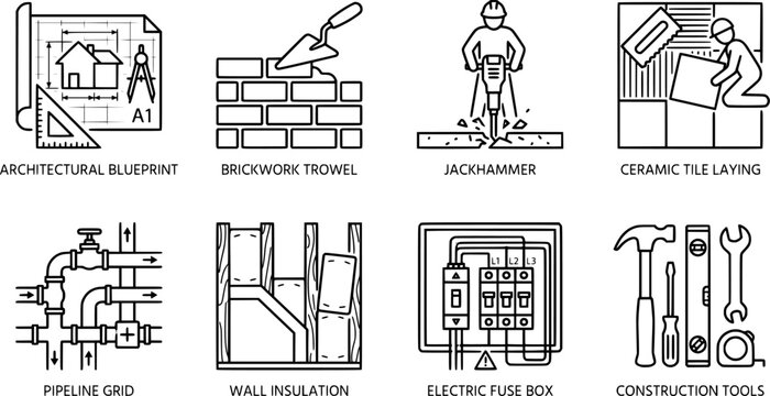 Renovation and Building Construction Line Icons Set - Civil Engineering Blueprint Brickwork Architecture Hardware and Real Estate UI Vector Template