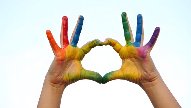 Colorful Painted Hands Forming Heart Shape Against Sky Background