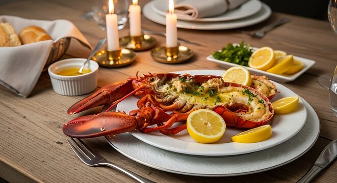 Fresh cooked lobster served on a plate with lemon slices and candles on a wooden table. lobster dinner setup