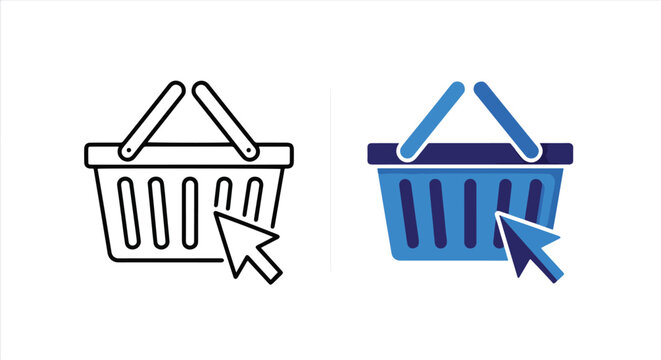 Shopping basket with cursor selection: Clipart, sticker - icon set - Line and glyph solid icon and logo template 