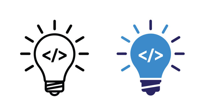 Light bulb with code brackets icon: Glyph and solid icon set - Icon vector - Editable line icons. Vector illustration