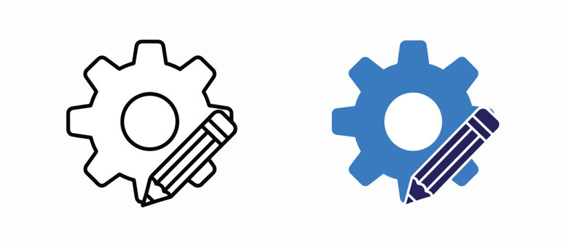 Gear cog with pencil edit icon: Glyph and solid icon set - Icon vector - Editable line icons. Vector illustration