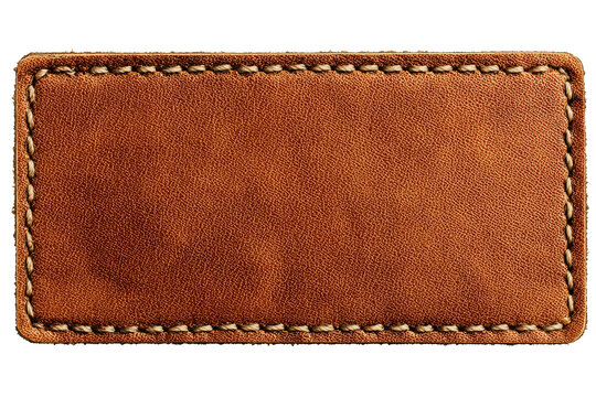 rectangular brown leather label patch with perimeter stitching isolated on white background, Clipping Path, png

